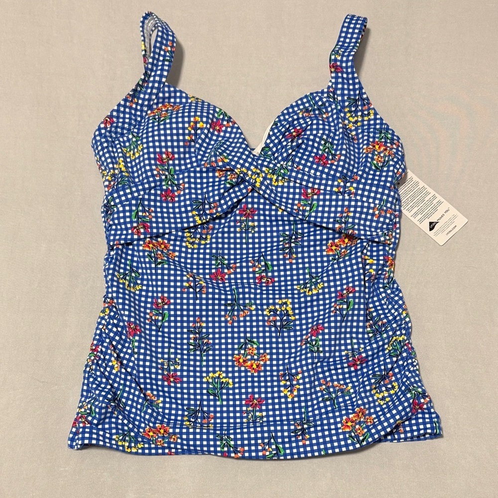 Lands' End Blue Floral V-Neck Wrap Underwire Tankini Swimsuit Top - Picture 2 of 7